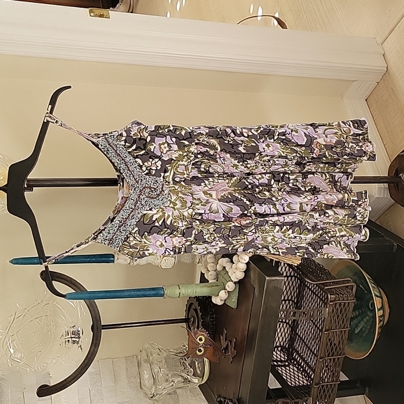 Free People mini dress XS spaghetti strap, beaded neckline, purple/green floral - Picture 1 of 9